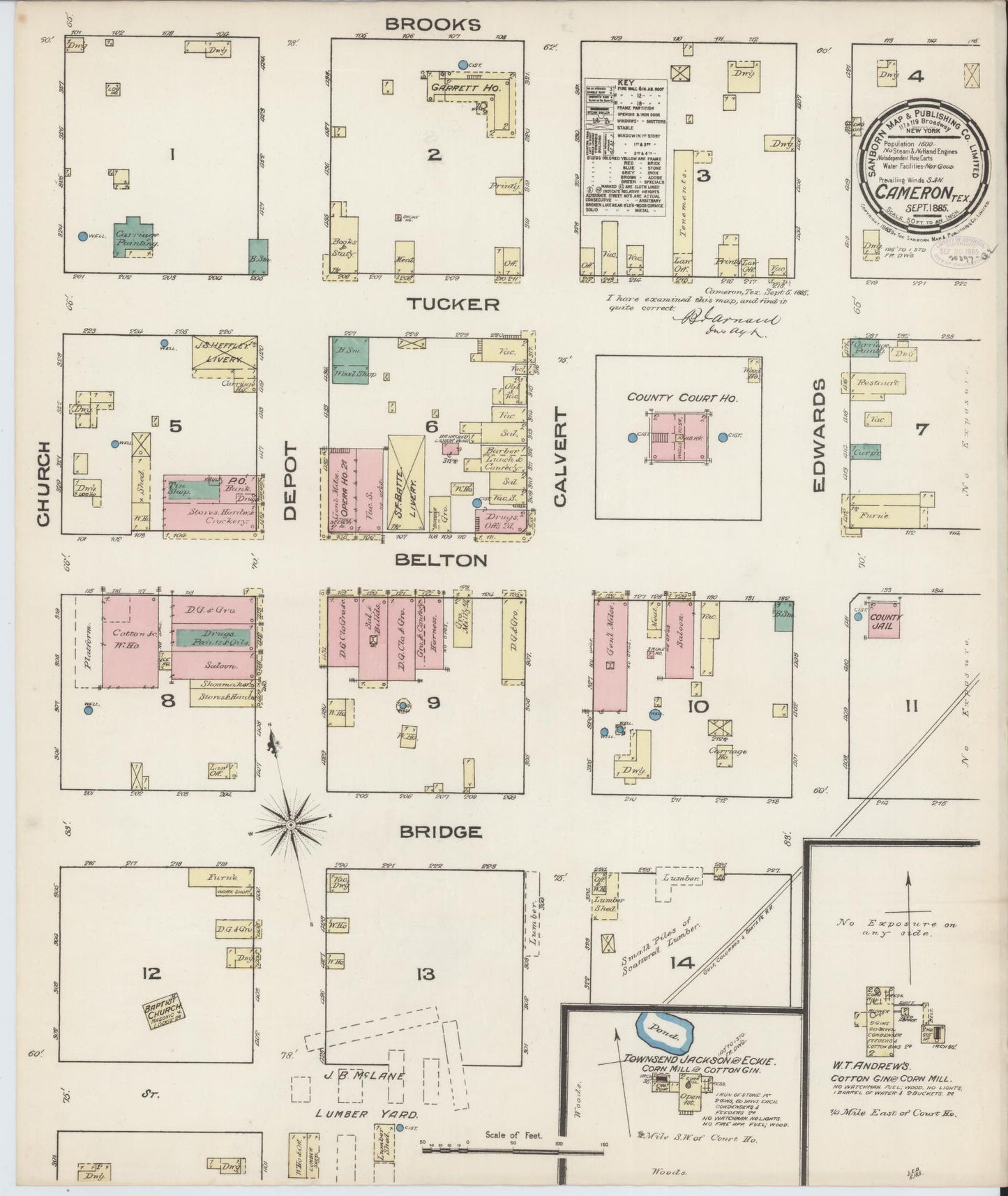 Sanborn Fire Insurance Map from Cameron, Milam County, Texas (1885), Sheet #0001 - Historic Sanborn Fire Insurance Map Print, vintage old map wall art, antique decor, genealogy gift, Texas Texas map