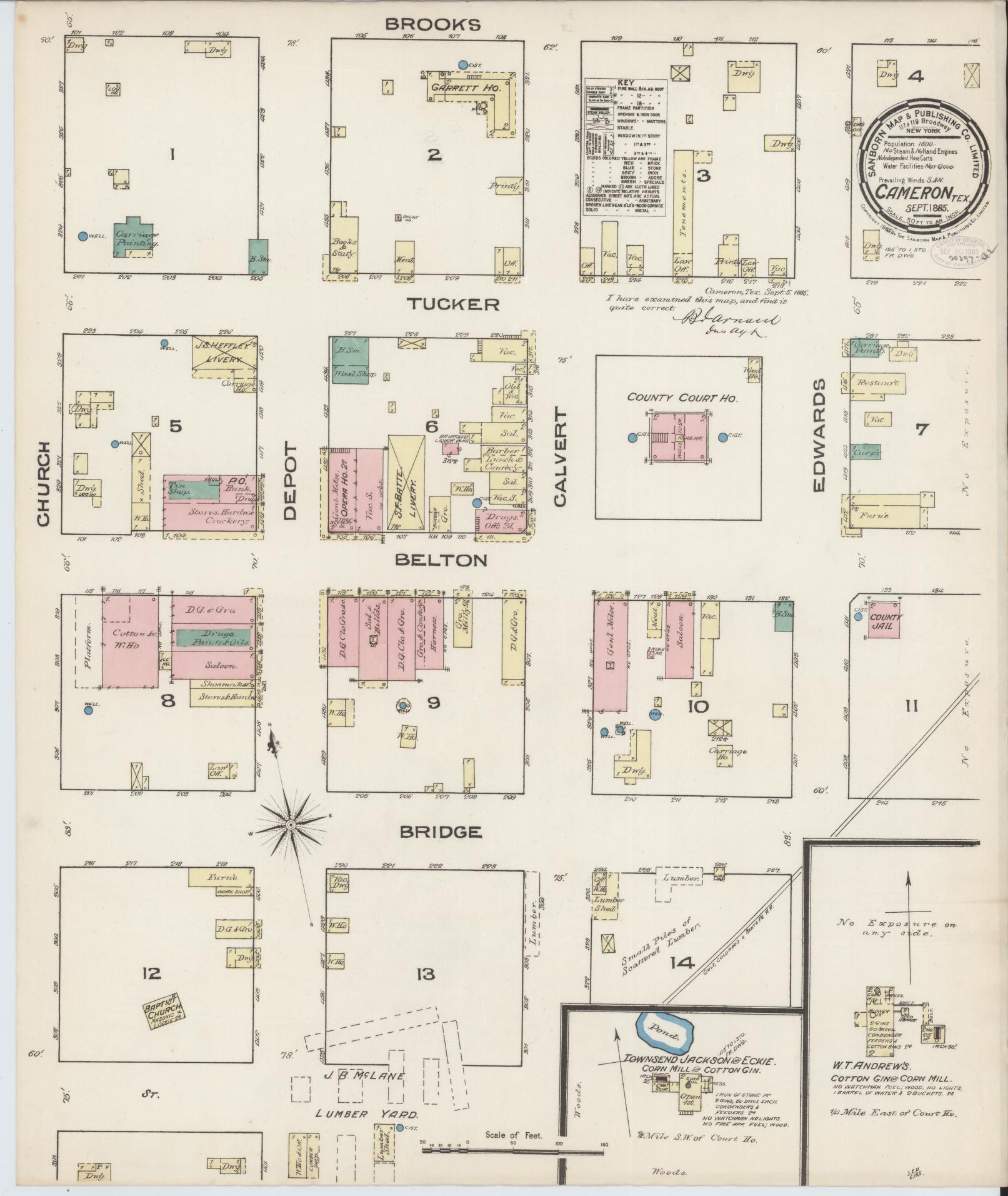 Sanborn Fire Insurance Map from Cameron, Milam County, Texas (1885), Sheet #0001 - Historic Sanborn Fire Insurance Map Print, vintage old map wall art, antique decor, genealogy gift, Texas Texas map