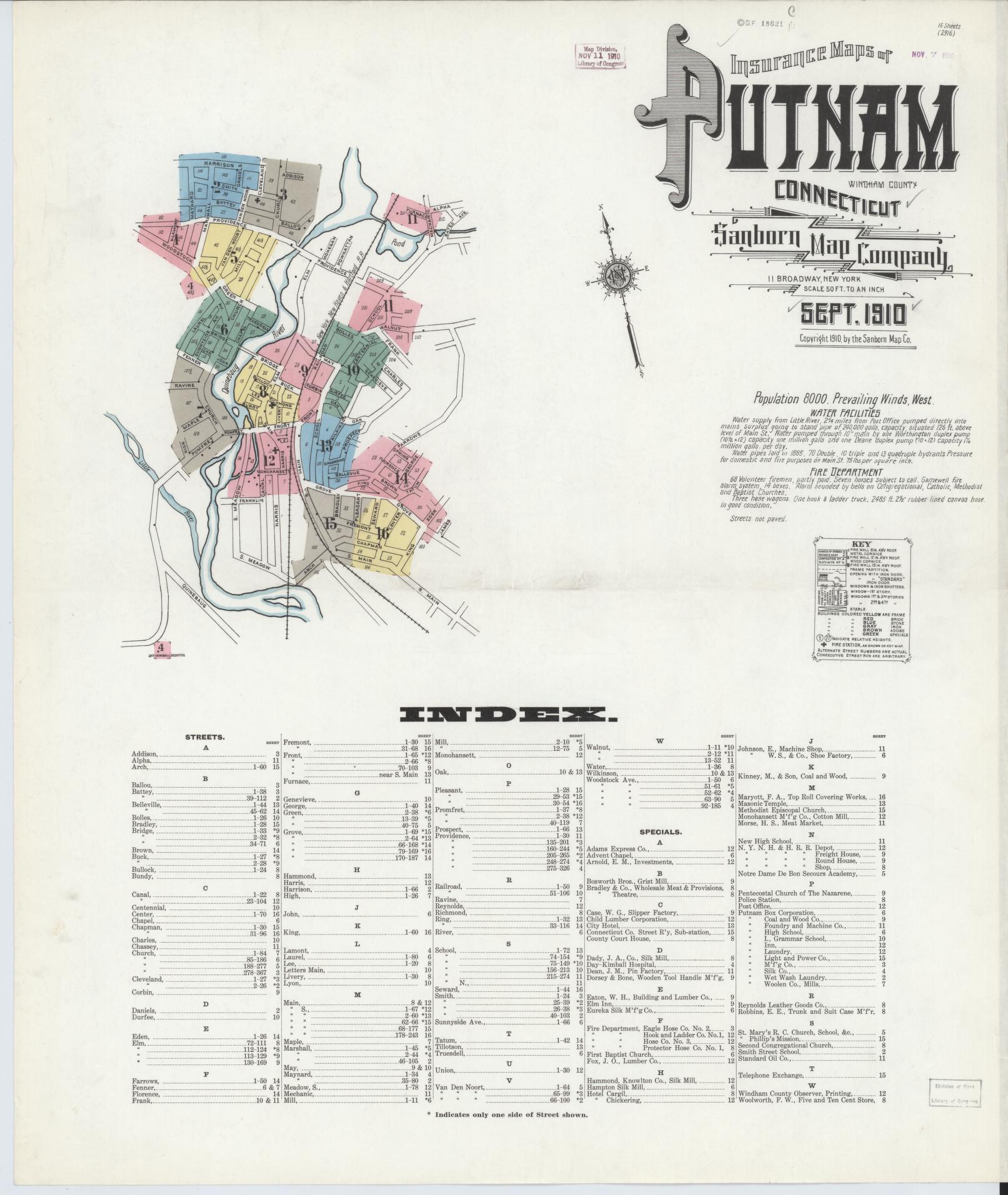 Sanborn Fire Insurance Map from Putnam, Windham County, Connecticut (1910), Sheet #0001 - Complete Map Set gallery image, historic Sanborn map, vintage wall art, Connecticut Connecticut