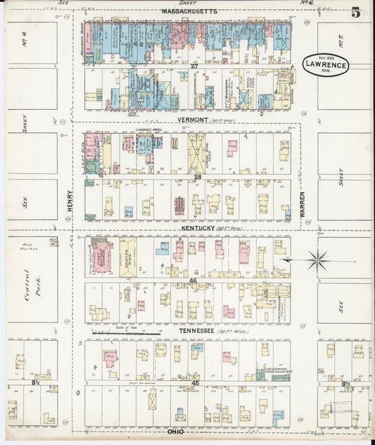 Sanborn Fire Insurance Map from Lawrence, Douglas County, Kansas (1889), Sheet #0005 - Historic Sanborn Fire Insurance Map Print, vintage old map wall art, antique decor, genealogy gift, Kansas Kansas map