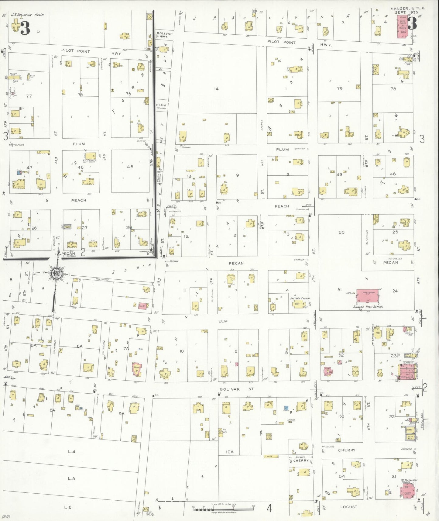 Sanborn Fire Insurance Map from Sanger, Denton County, Texas (1935), Sheet #0003 - Complete Map Set gallery image, historic Sanborn map, vintage wall art, Texas Texas