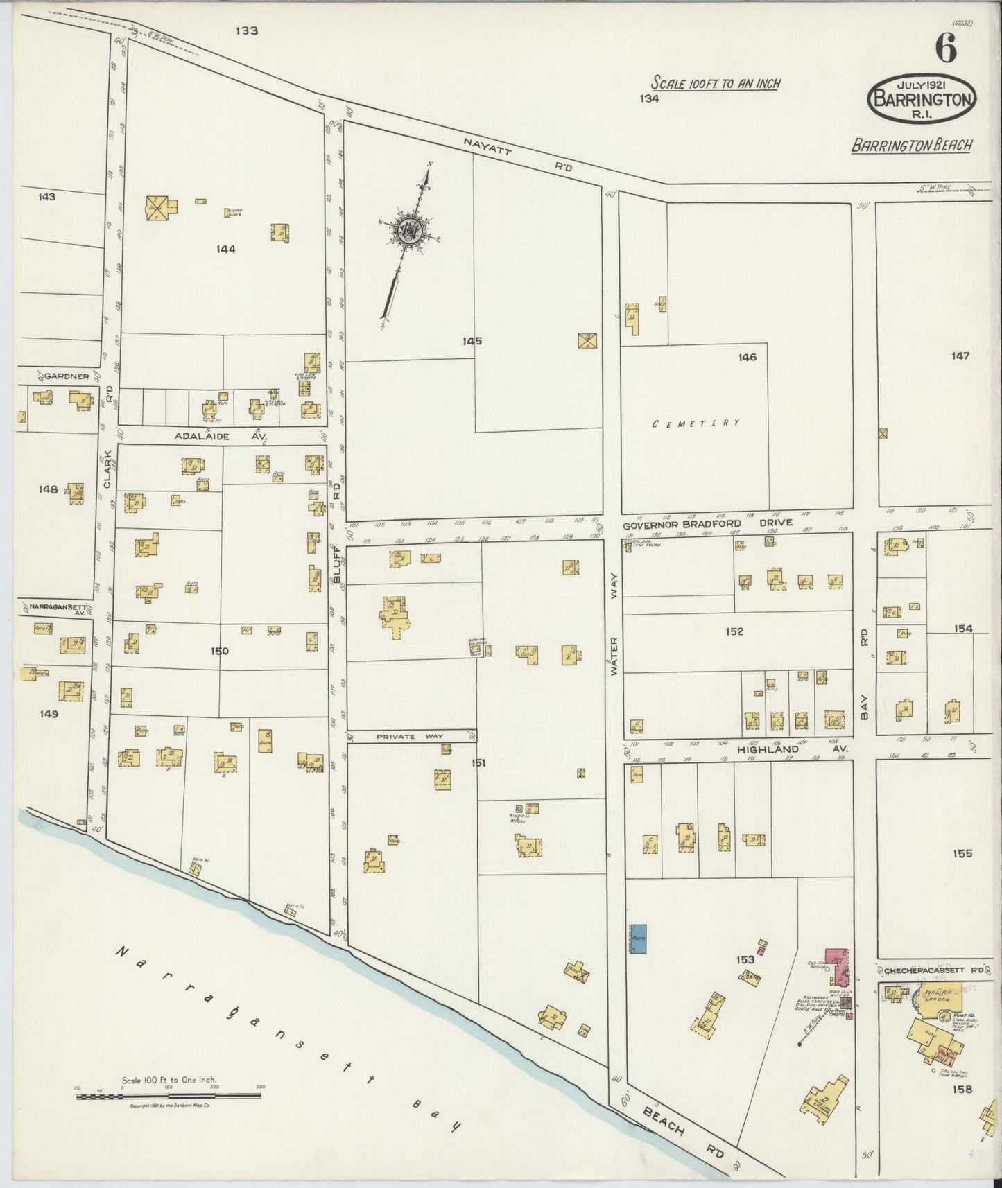 Sanborn Fire Insurance Map from Barrington, Bristol County, Rhode Island (1921), Sheet #0006 - Historic Sanborn Fire Insurance Map Print, vintage old map wall art, antique decor, genealogy gift, Rhode Island Rhode Island map