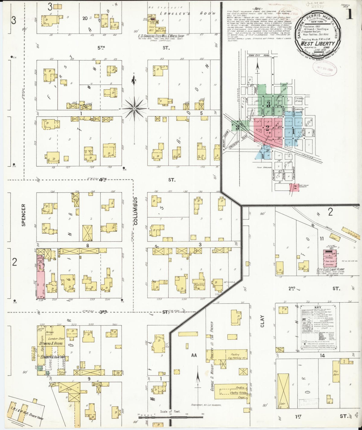 Sanborn Fire Insurance Map from West Liberty, Muscatine County, Iowa (1899), Sheet #0001 - Historic Sanborn Fire Insurance Map Print, vintage old map wall art