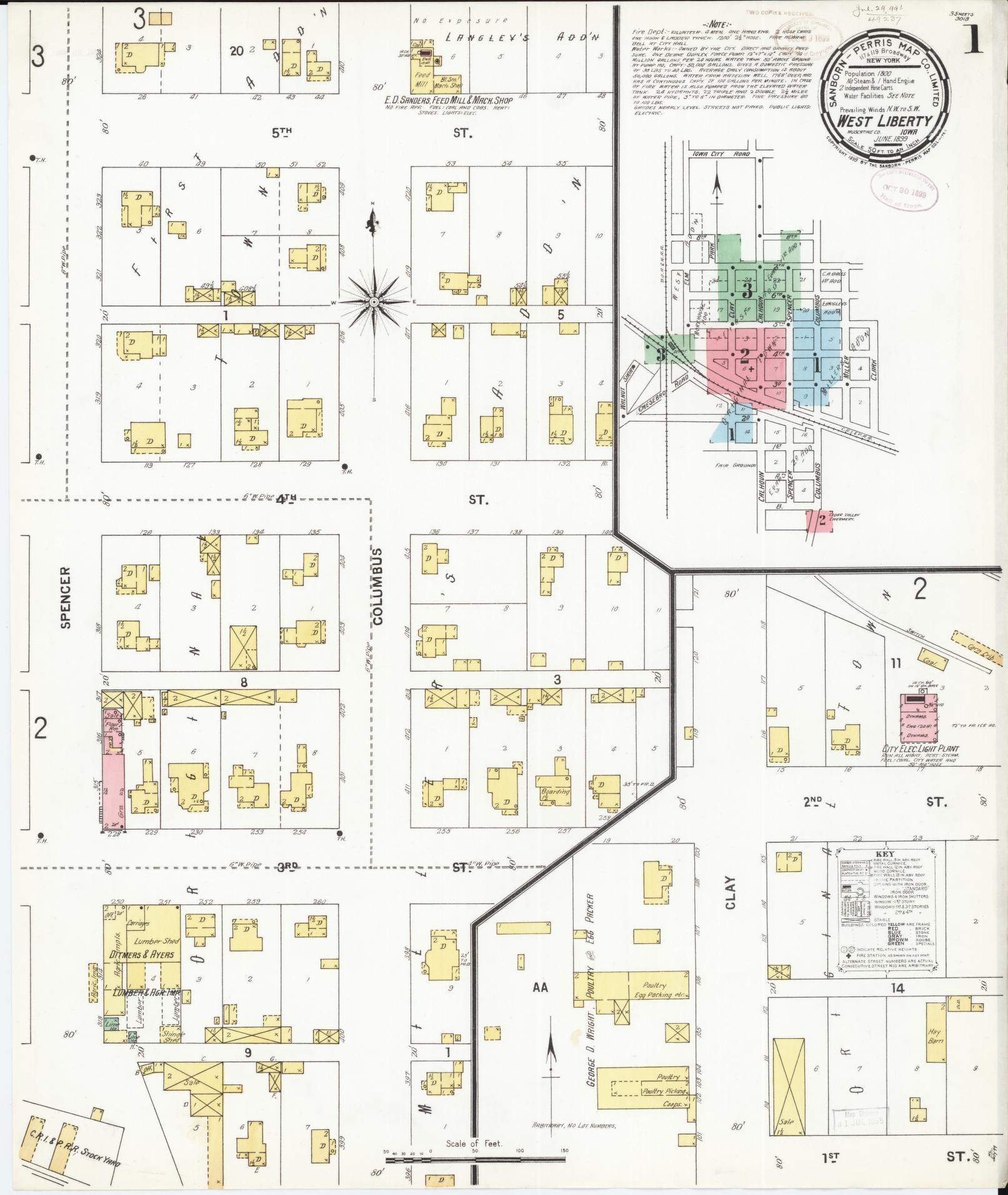 Sanborn Fire Insurance Map from West Liberty, Muscatine County, Iowa (1899), Sheet #0001 - Historic Sanborn Fire Insurance Map Print, vintage old map wall art