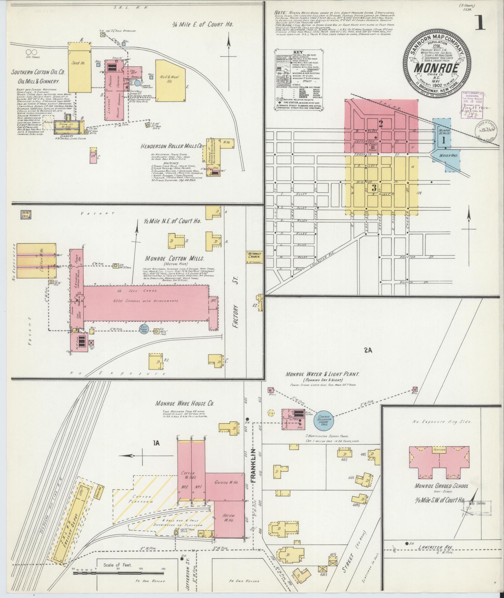 Sanborn Fire Insurance Map from Monroe, Union County, North Carolina (1902), Sheet #0001 - Historic Sanborn Fire Insurance Map Print, vintage old map wall art, antique decor, genealogy gift, North Carolina North Carolina map
