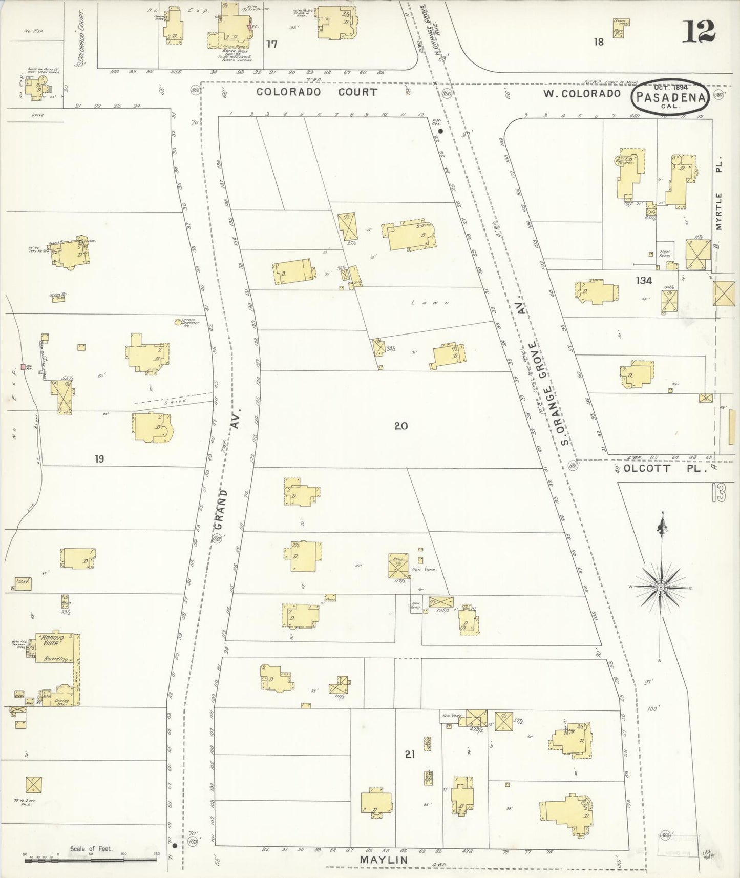 Sanborn Fire Insurance Map from Pasadena, Los Angeles County, California (1894), Sheet #0012 - Complete Map Set gallery image, historic Sanborn map, vintage wall art, California California