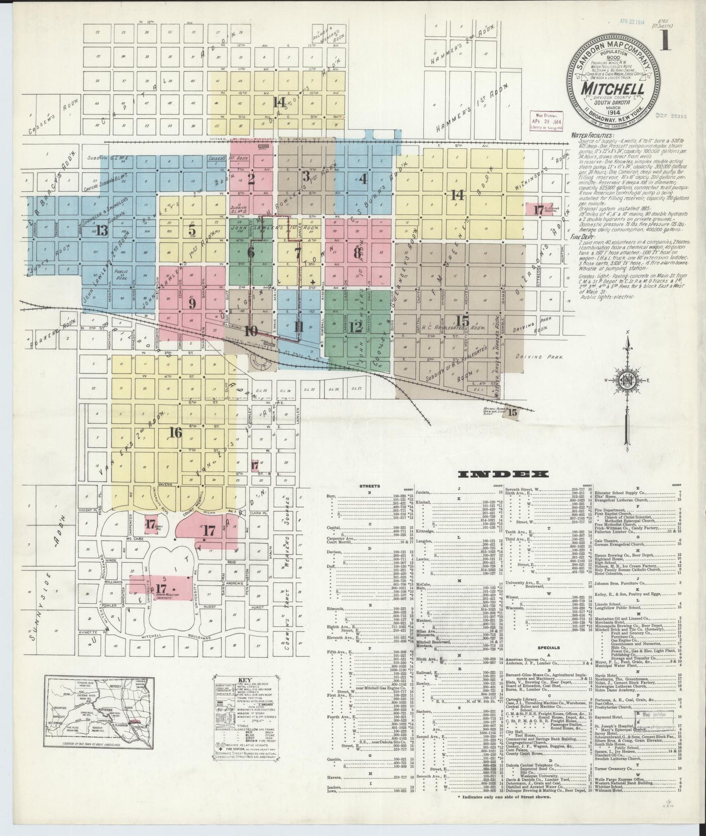 Sanborn Fire Insurance Map from Mitchell, Davison County, South Dakota (1914), Sheet #0001 - Complete Map Set gallery image, historic Sanborn map, vintage wall art, South Dakota South Dakota
