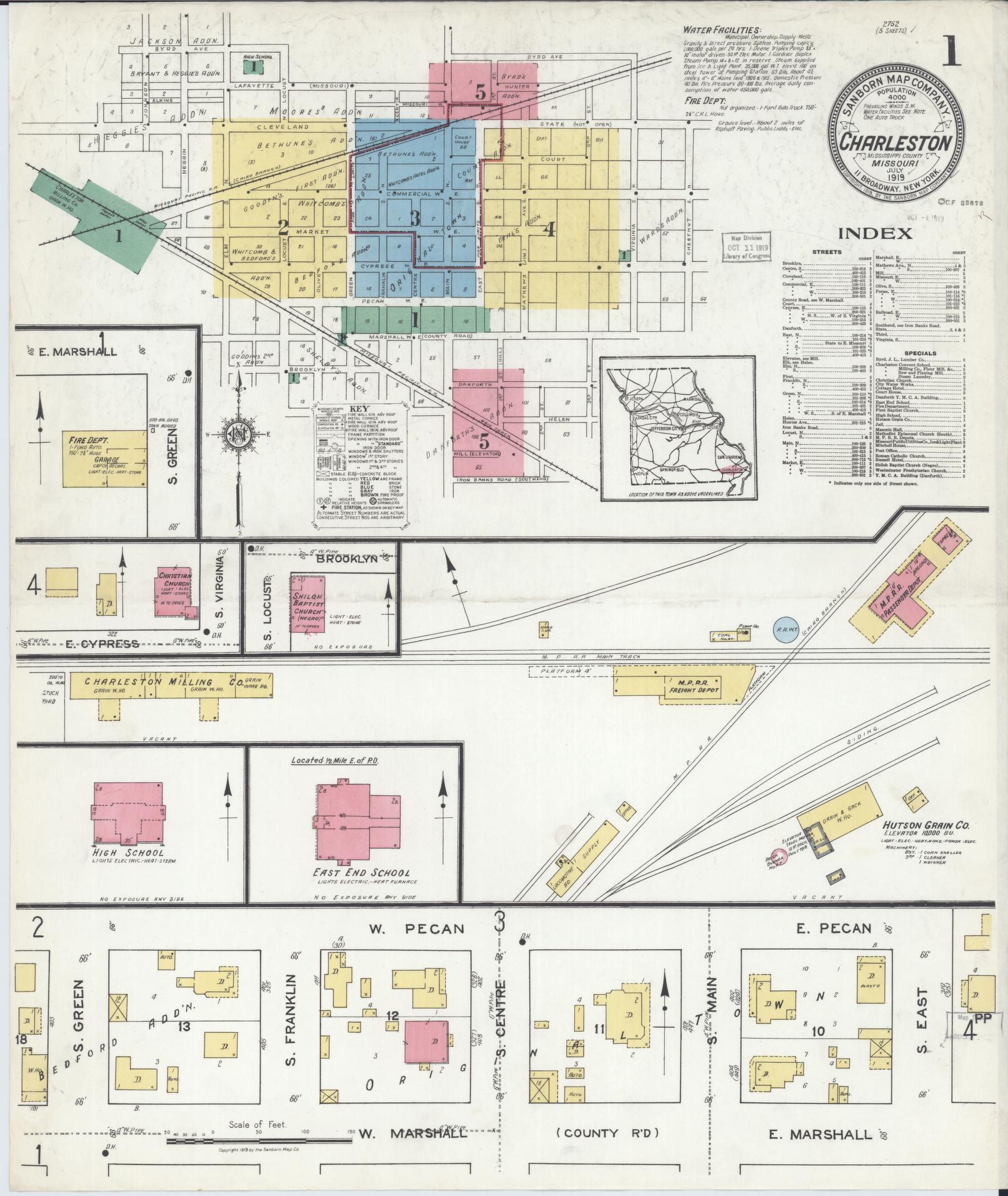 Sanborn Fire Insurance Map from Charleston, Mississippi County, Missouri (1919), Sheet #0001 - Historic Sanborn Fire Insurance Map Print, vintage old map wall art, antique decor, genealogy gift, Missouri Missouri map