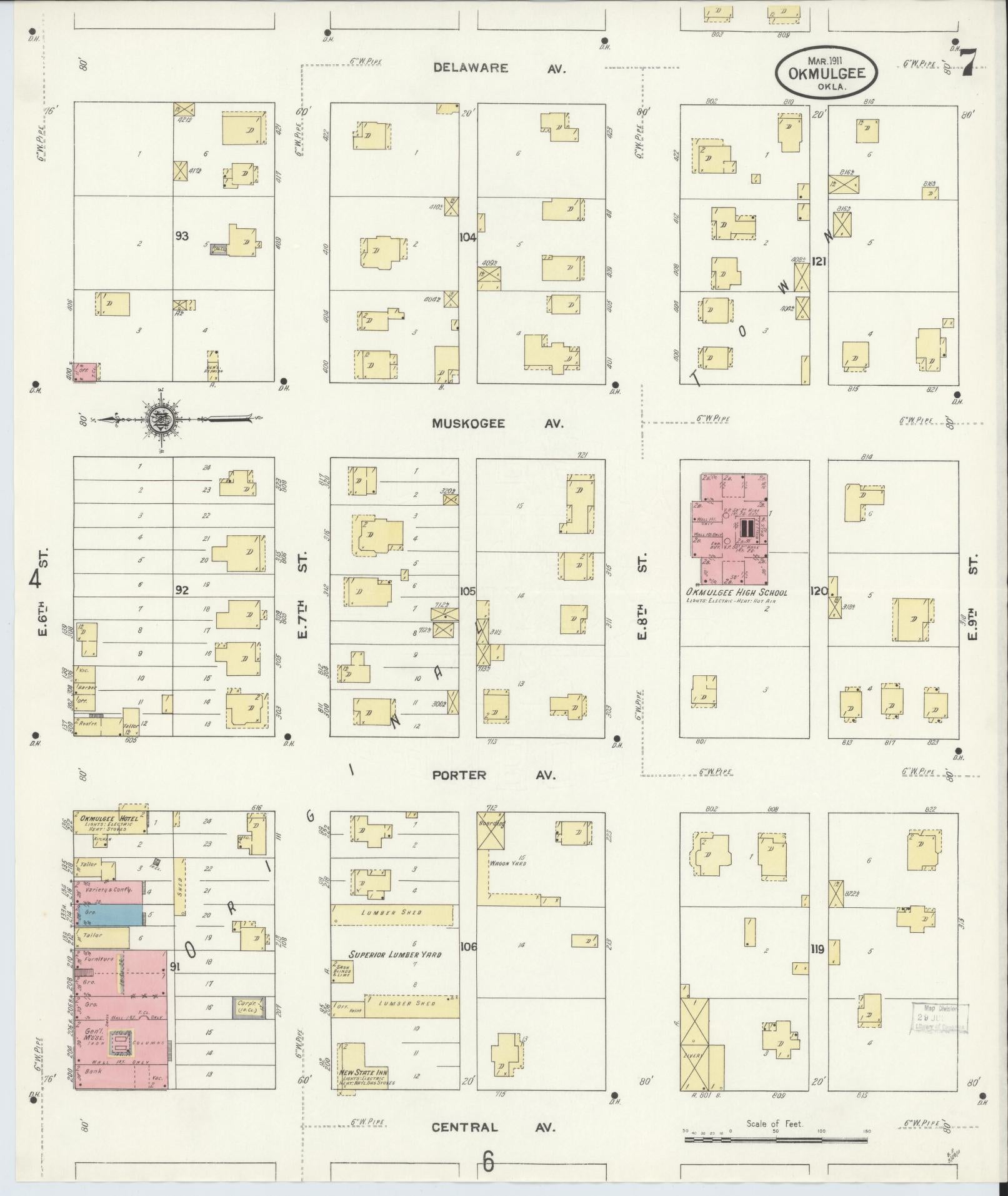 Sanborn Fire Insurance Map from Okmulgee, Okmulgee County, Oklahoma (1911), Sheet #0007 - Complete Map Set gallery image, historic Sanborn map, vintage wall art, Oklahoma Oklahoma