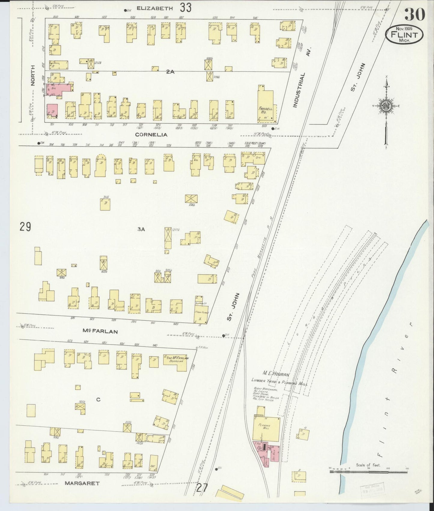 Sanborn Fire Insurance Map from Flint, Genesee County, Michigan (1909), Sheet #0030 - Historic Sanborn Fire Insurance Map Print, vintage old map wall art, antique decor, genealogy gift, Michigan Michigan map