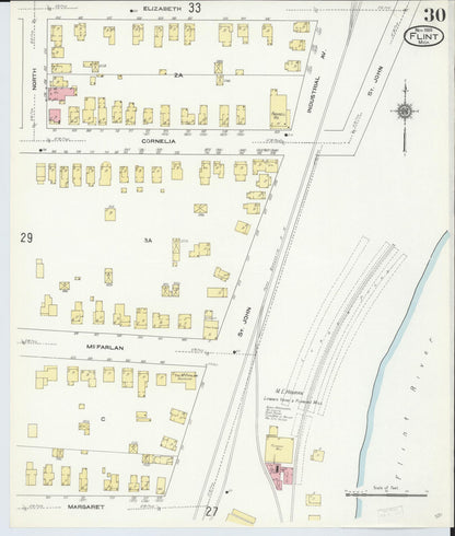 Sanborn Fire Insurance Map from Flint, Genesee County, Michigan (1909), Sheet #0030 - Historic Sanborn Fire Insurance Map Print, vintage old map wall art, antique decor, genealogy gift, Michigan Michigan map