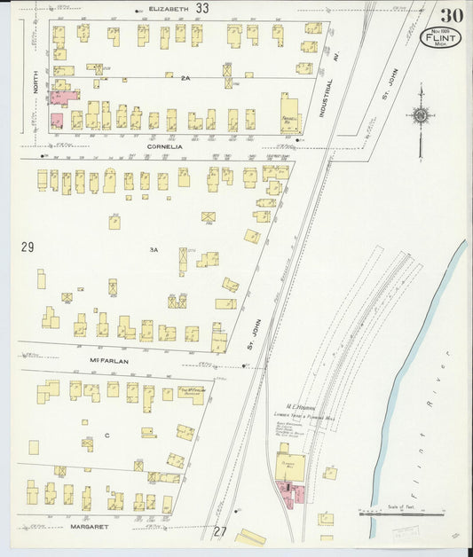 Sanborn Fire Insurance Map from Flint, Genesee County, Michigan (1909), Sheet #0030 - Historic Sanborn Fire Insurance Map Print, vintage old map wall art, antique decor, genealogy gift, Michigan Michigan map