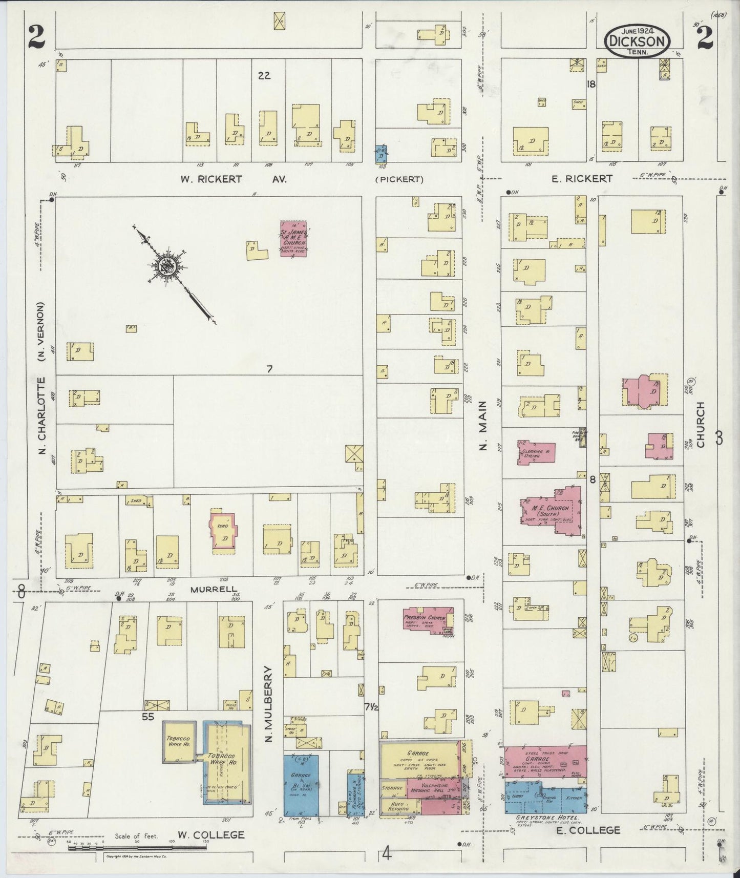 Sanborn Fire Insurance Map from Dickson, Dickson County, Tennessee (1924), Sheet #0002 - Complete Map Set gallery image, historic Sanborn map, vintage wall art, Tennessee Tennessee