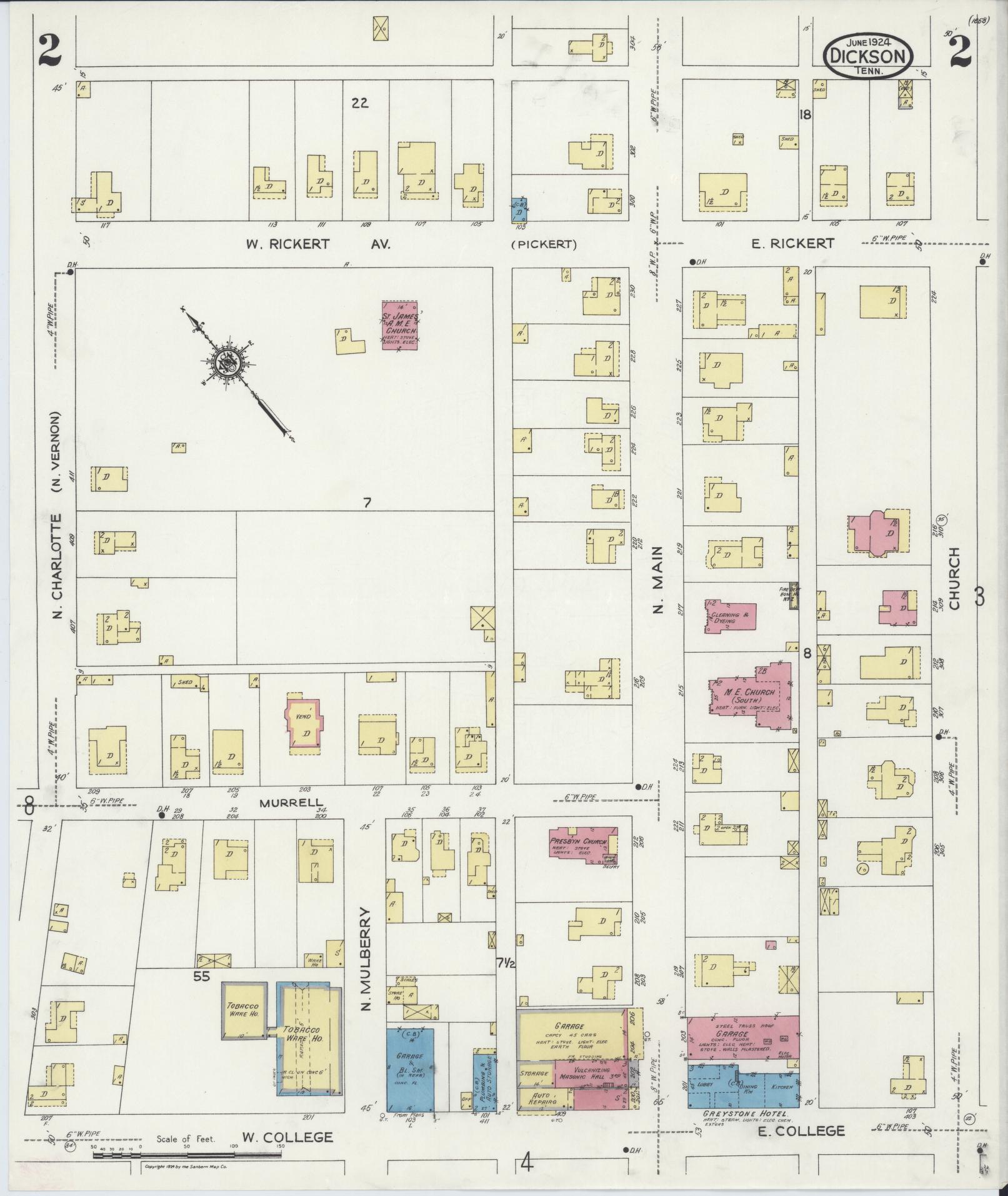 Sanborn Fire Insurance Map from Dickson, Dickson County, Tennessee (1924), Sheet #0002 - Complete Map Set gallery image, historic Sanborn map, vintage wall art, Tennessee Tennessee