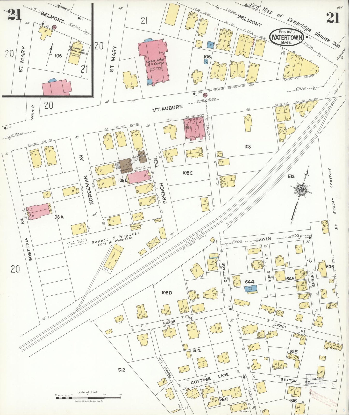 Sanborn Fire Insurance Map from Watertown, Middlesex County, Massachusetts (1923), Sheet #0021 - Historic Sanborn Fire Insurance Map Print, vintage old map wall art, antique decor, genealogy gift, Massachusetts Massachusetts map