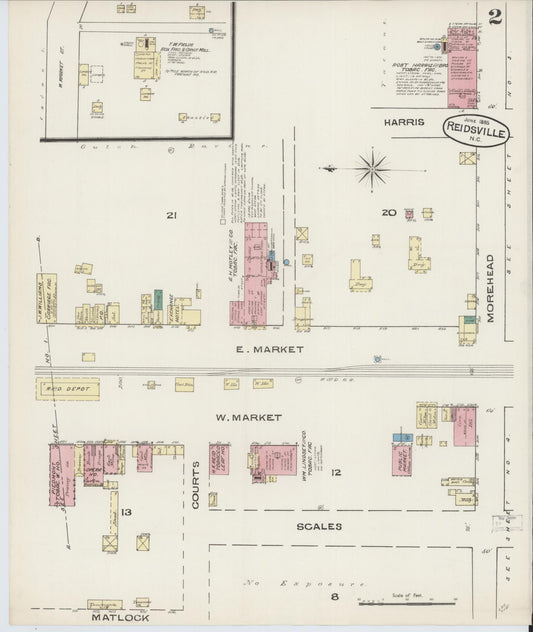 Sanborn Fire Insurance Map from Reidsville, Rockingham County, North Carolina (1885), Sheet #0002 - Historic Sanborn Fire Insurance Map Print, vintage old map wall art, antique decor, genealogy gift, North Carolina North Carolina map