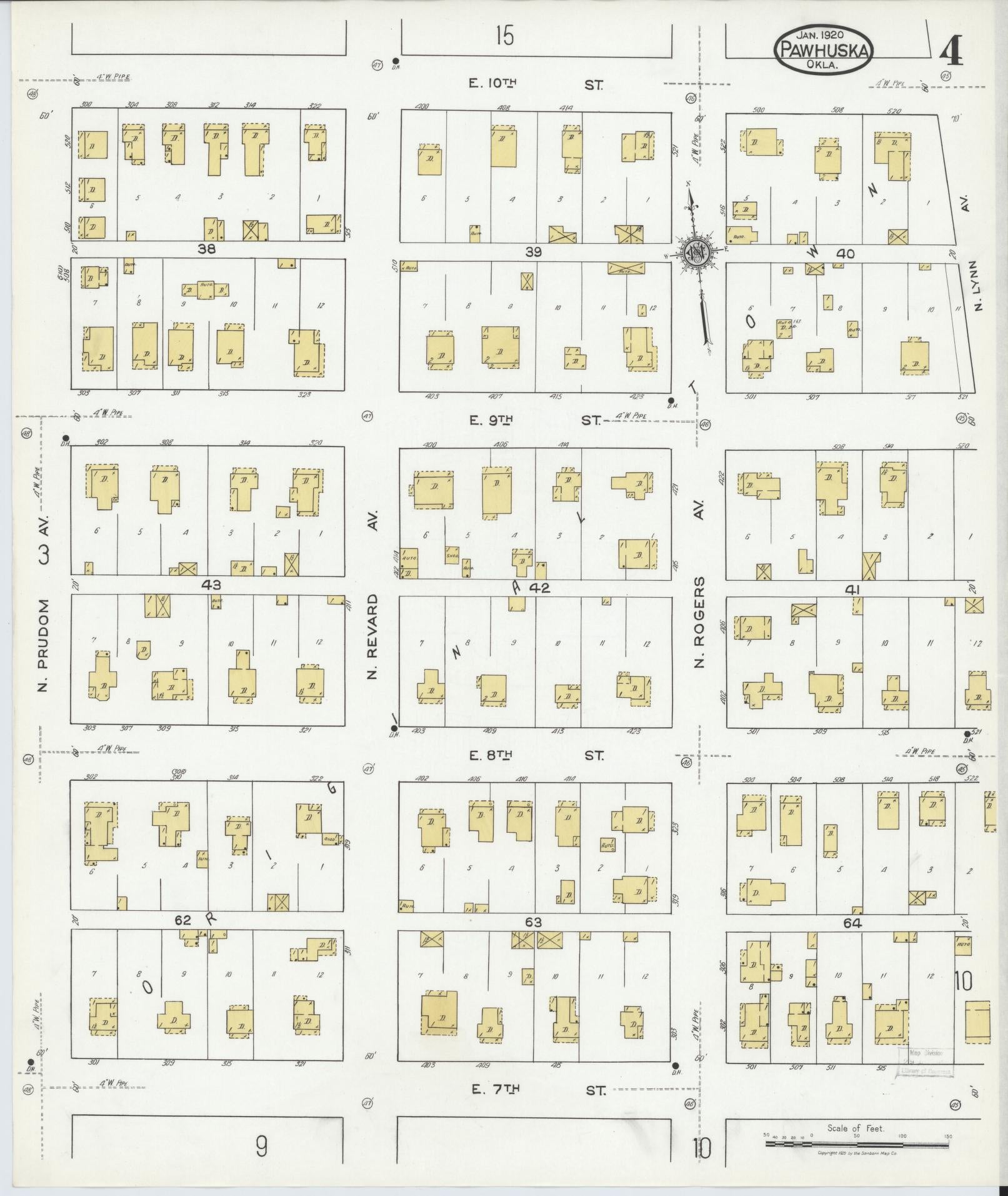 Sanborn Fire Insurance Map from Pawhuska, Osage County, Oklahoma (1920), Sheet #0004 - Complete Map Set gallery image, historic Sanborn map, vintage wall art, Oklahoma Oklahoma