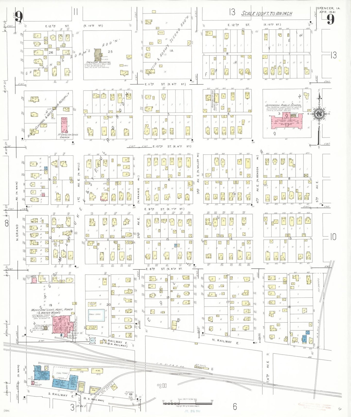 Sanborn Fire Insurance Map from Spencer, Clay County, Iowa (1941), Sheet #0009 - Historic Sanborn Fire Insurance Map Print, vintage old map wall art