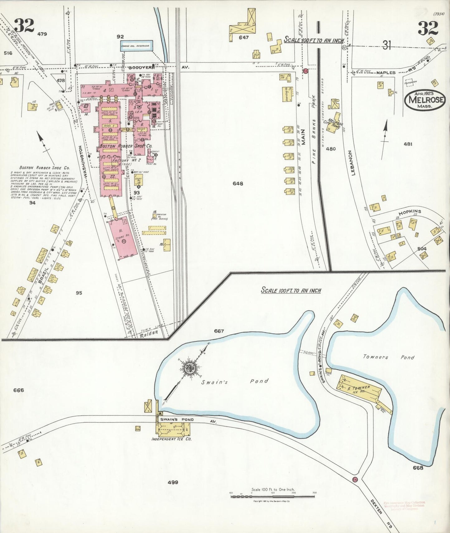 Sanborn Fire Insurance Map from Melrose, Middlesex County, Massachusetts (1923), Sheet #0032 - Historic Sanborn Fire Insurance Map Print, vintage old map wall art, antique decor, genealogy gift, Massachusetts Massachusetts map