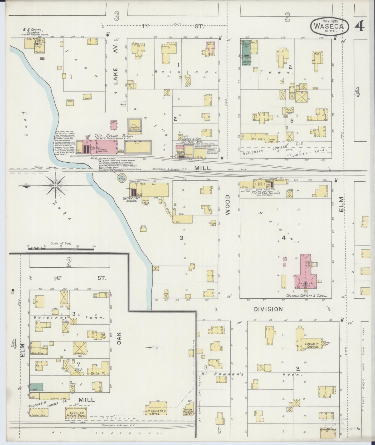 Sanborn Fire Insurance Map from Waseca, Waseca County, Minnesota (1894), Sheet #0004 - Historic Sanborn Fire Insurance Map Print, vintage old map wall art, antique decor, genealogy gift, Minnesota Minnesota map