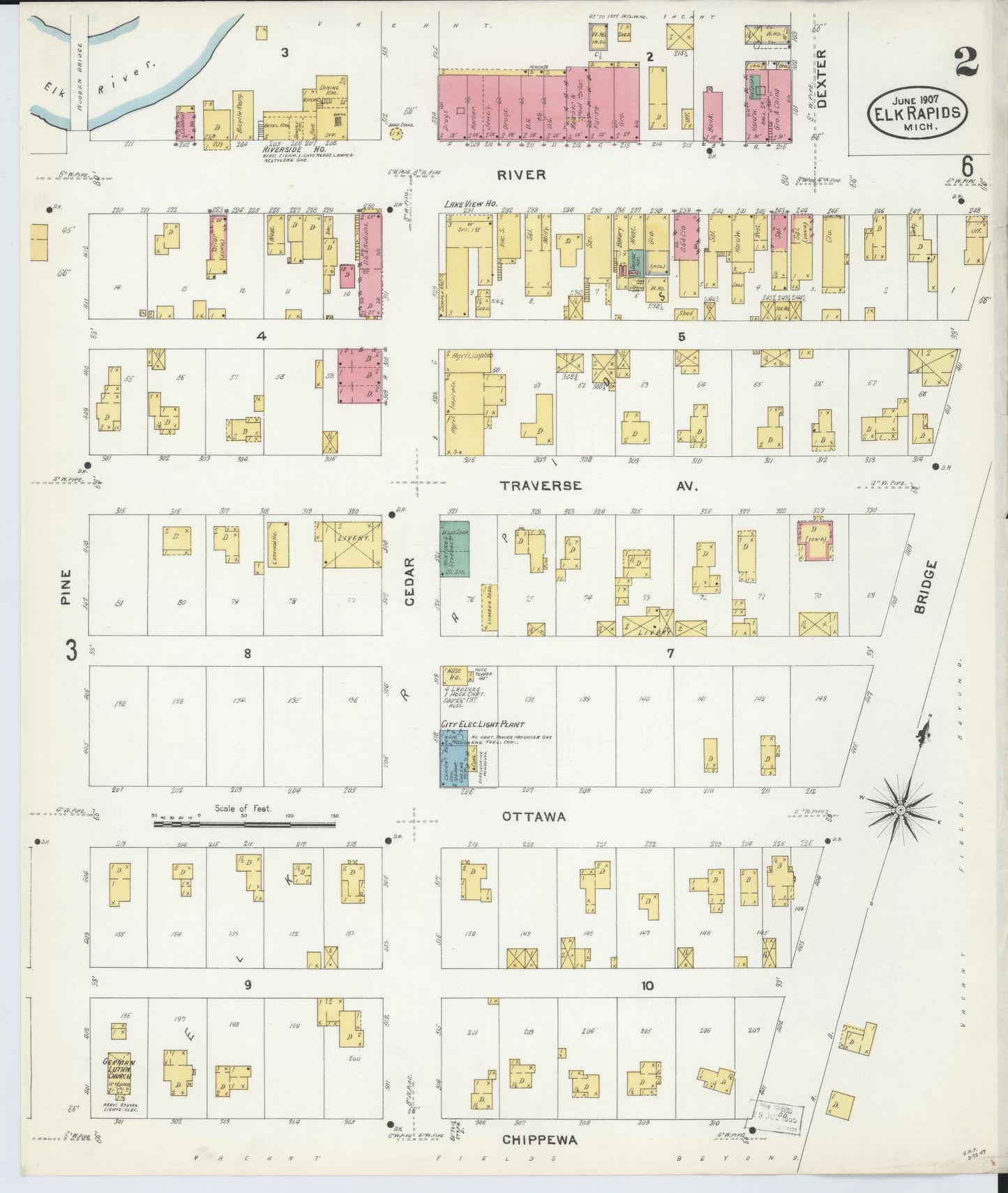 Sanborn Fire Insurance Map from Elk Rapids, Antrim County, Michigan (1907), Sheet #0002 - Historic Sanborn Fire Insurance Map Print, vintage old map wall art, antique decor, genealogy gift, Michigan Michigan map