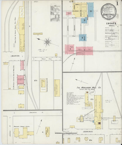 Sanborn Fire Insurance Map from Bennettsville, Marlboro County, South Carolina (1895), Sheet #0001 - Complete Map Set gallery image, historic Sanborn map, vintage wall art, South Carolina South Carolina