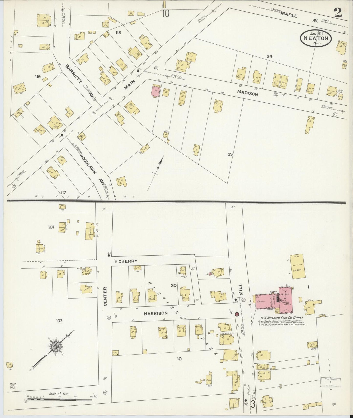 Sanborn Fire Insurance Map from Newton, Sussex County, New Jersey (1911), Sheet #0002 - Historic Sanborn Fire Insurance Map Print, vintage old map wall art, antique decor, genealogy gift, New Jersey New Jersey map