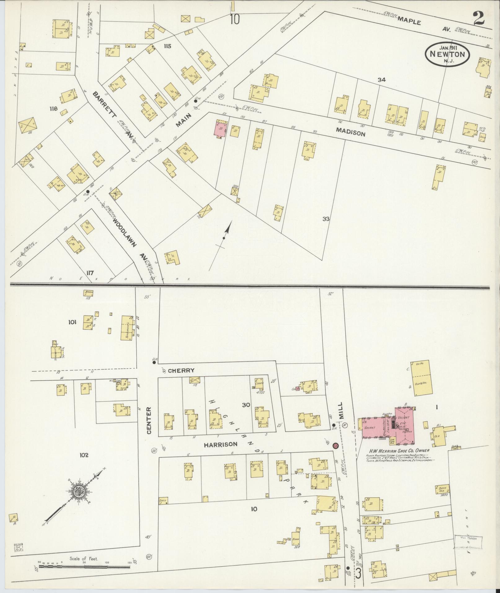 Sanborn Fire Insurance Map from Newton, Sussex County, New Jersey (1911), Sheet #0002 - Historic Sanborn Fire Insurance Map Print, vintage old map wall art, antique decor, genealogy gift, New Jersey New Jersey map