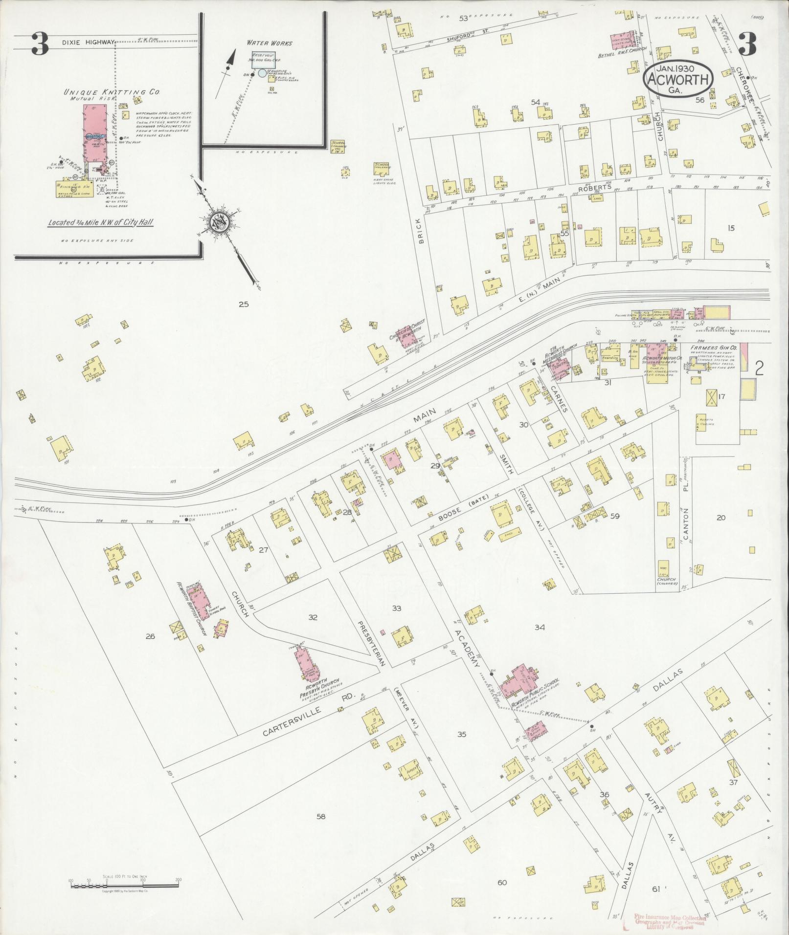 Sanborn Fire Insurance Map from Acworth, Cobb County, Georgia (1930), Sheet #0003 - Historic Sanborn Fire Insurance Map Print, vintage old map wall art, antique decor, genealogy gift, Georgia Georgia map