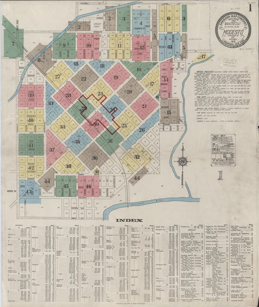 Sanborn Fire Insurance Map from Modesto, Stanislaus County, California (1919), Sheet #0001 - Historic Sanborn Fire Insurance Map Print, vintage old map wall art, antique decor, genealogy gift, California California map