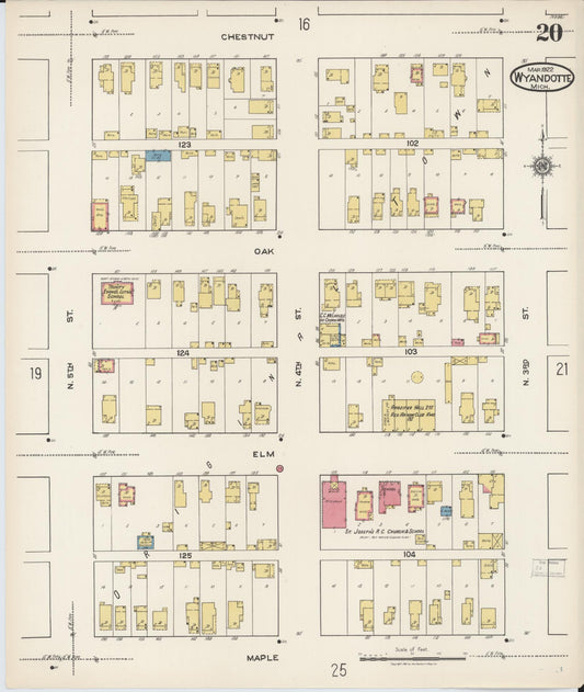 Sanborn Fire Insurance Map from Wyandotte, Wayne County, Michigan (1922), Sheet #0020 - Historic Sanborn Fire Insurance Map Print, vintage old map wall art, antique decor, genealogy gift, Michigan Michigan map