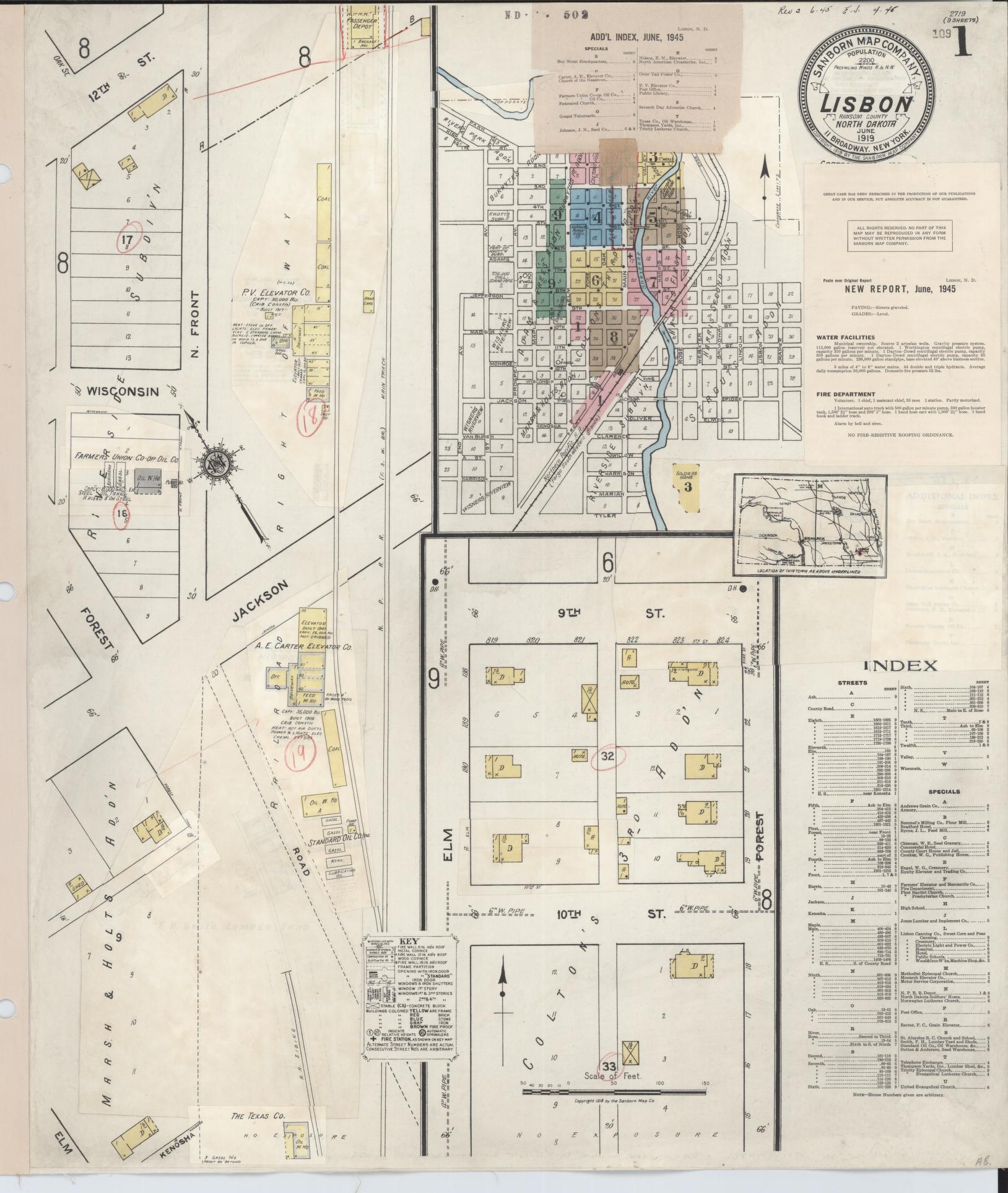 Sanborn Fire Insurance Map from Lisbon, Ransom County, North Dakota (1945), Sheet #0001 - Complete Map Set gallery image, historic Sanborn map, vintage wall art, North Dakota North Dakota
