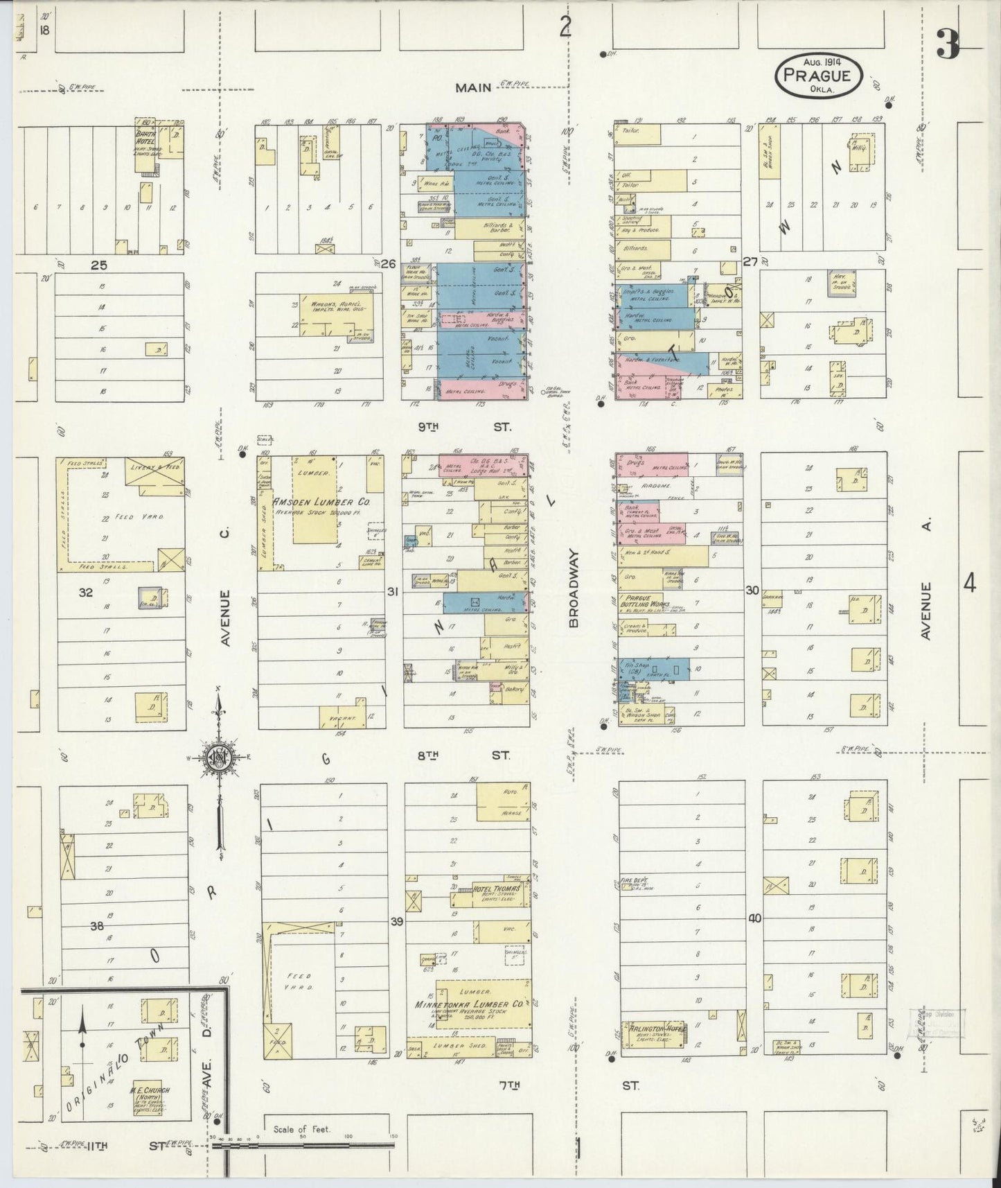 Sanborn Fire Insurance Map from Prague, Lincoln County, Oklahoma (1914), Sheet #0003 - Historic Sanborn Fire Insurance Map Print, vintage old map wall art, antique decor, genealogy gift, Oklahoma Oklahoma map