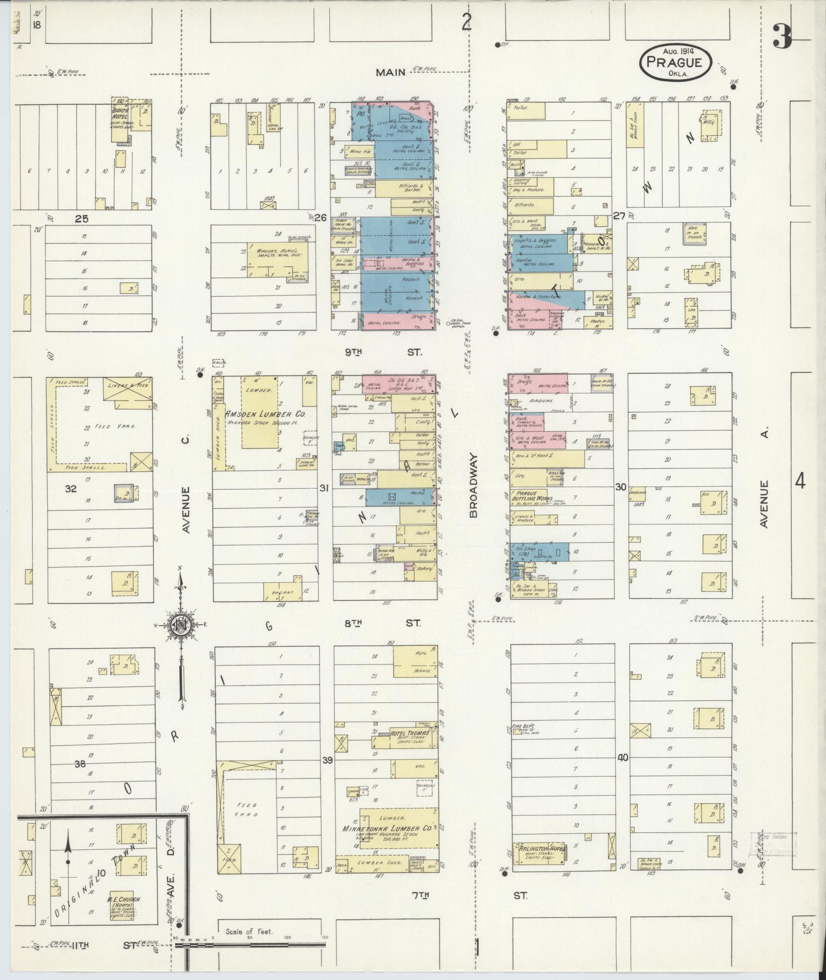Sanborn Fire Insurance Map from Prague, Lincoln County, Oklahoma (1914), Sheet #0003 - Historic Sanborn Fire Insurance Map Print, vintage old map wall art, antique decor, genealogy gift, Oklahoma Oklahoma map