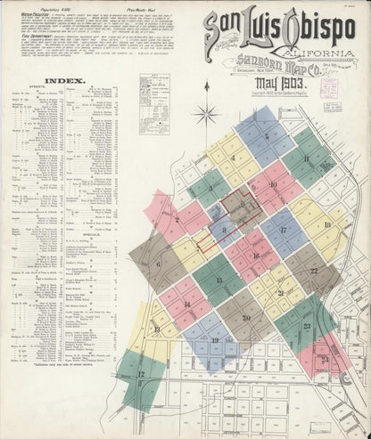 Sanborn Fire Insurance Map from San Luis Obispo, San Luis Obispo County, California (1903), Sheet #0001 - Complete Map Set gallery image, historic Sanborn map, vintage wall art, California California