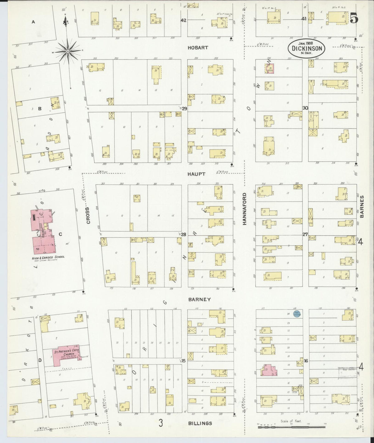 Sanborn Fire Insurance Map from Dickinson, Stark County, North Dakota (1908), Sheet #0005 - Complete Map Set gallery image, historic Sanborn map, vintage wall art, North Dakota North Dakota