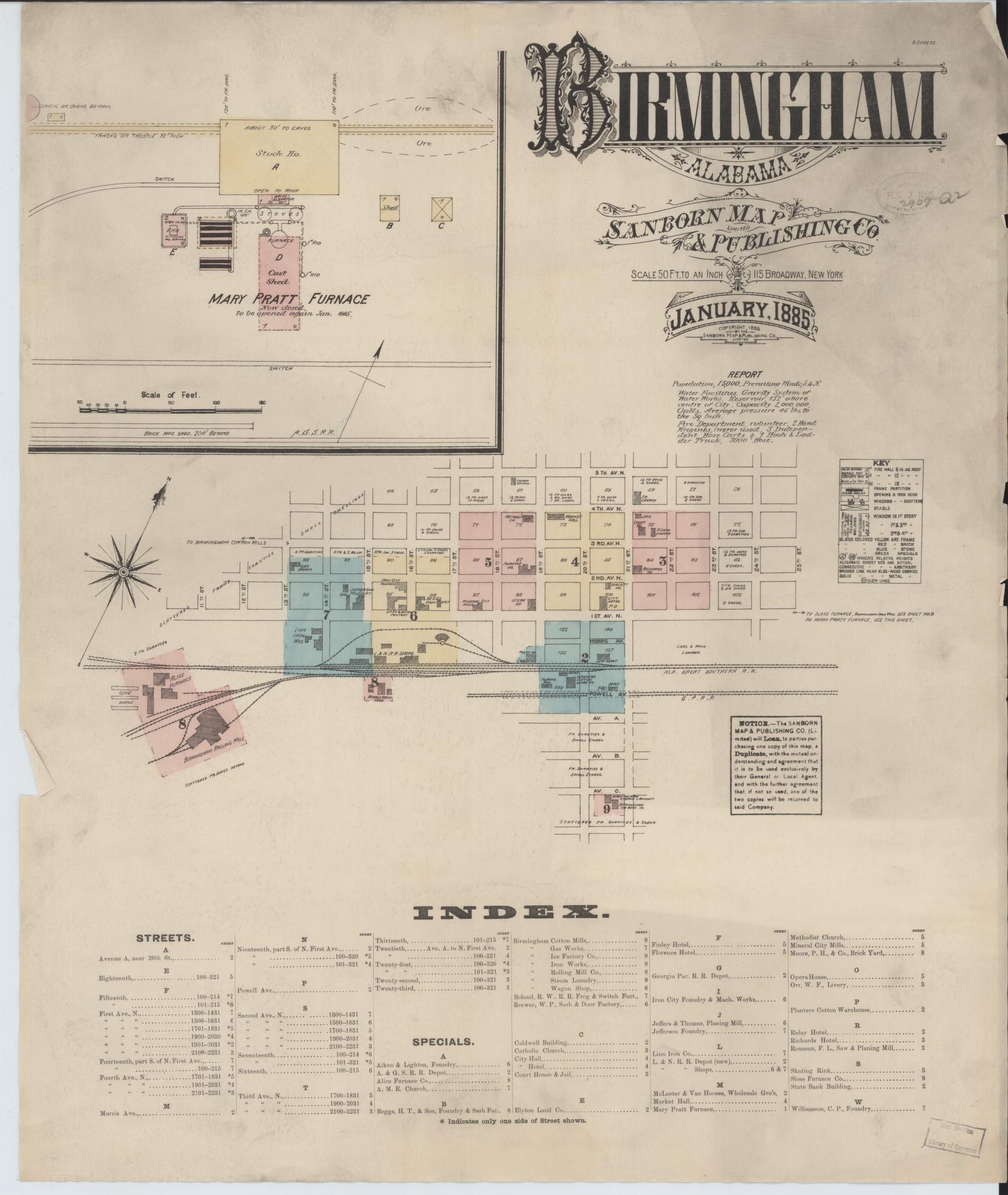 Sanborn Fire Insurance Map from Birmingham, Jefferson County, Alabama (1885), Sheet #0001 - Complete Map Set gallery image, historic Sanborn map, vintage wall art, Alabama Alabama
