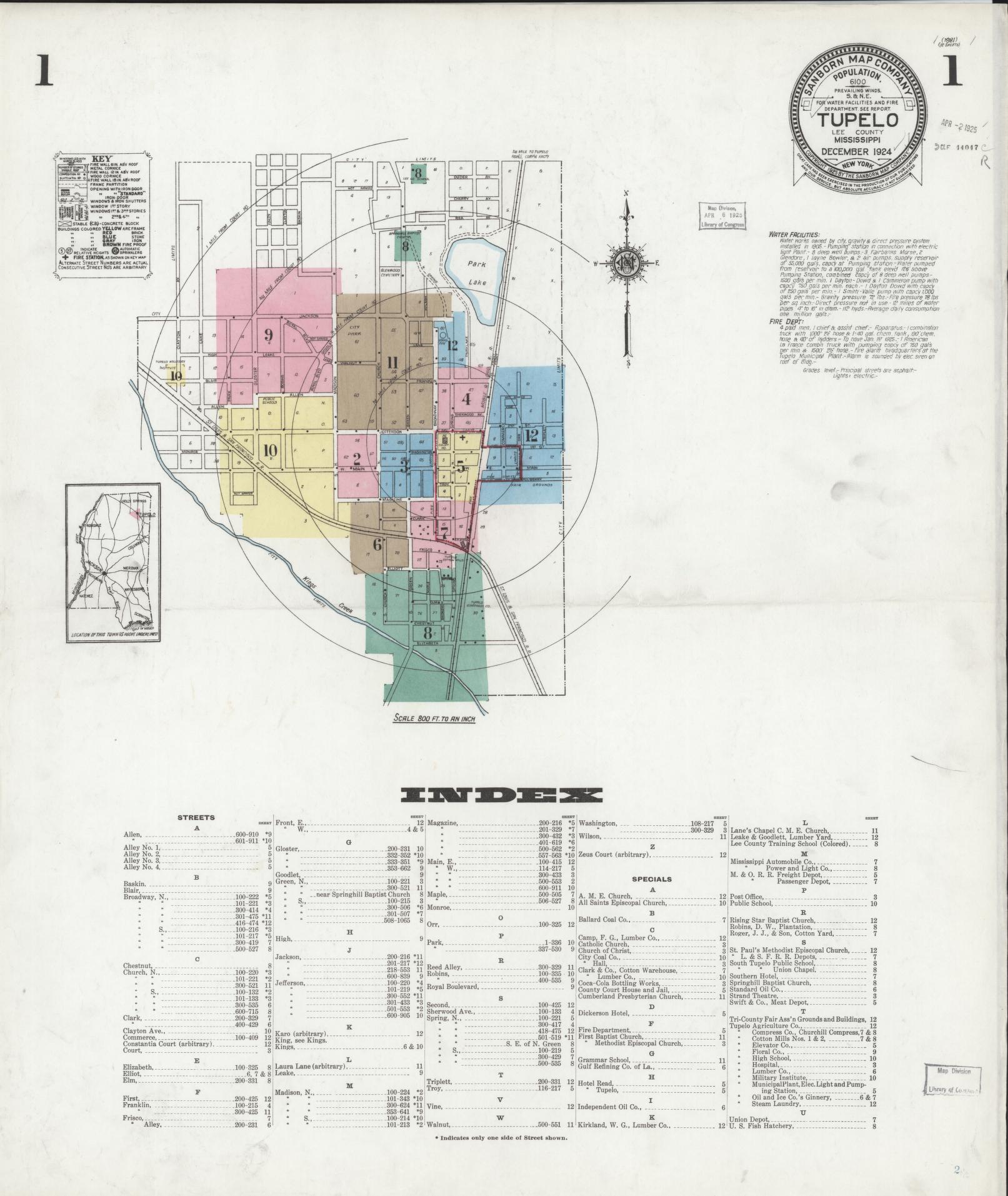 Sanborn Fire Insurance Map from Tupelo, Lee County, Mississippi (1924), Sheet #0001 - Complete Map Set gallery image, historic Sanborn map, vintage wall art, Mississippi Mississippi