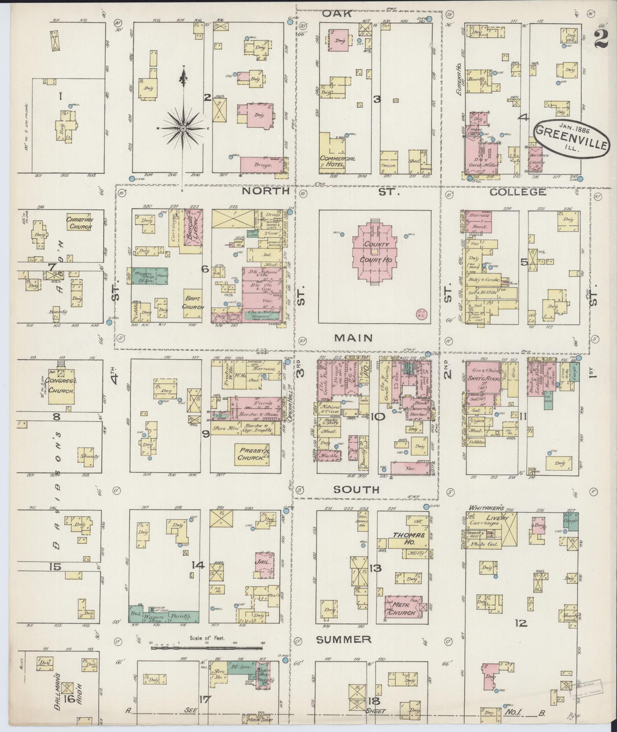Sanborn Fire Insurance Map from Greenville, Bond County, Illinois (1886), Sheet #0002 - Complete Map Set gallery image, historic Sanborn map, vintage wall art, Illinois Illinois