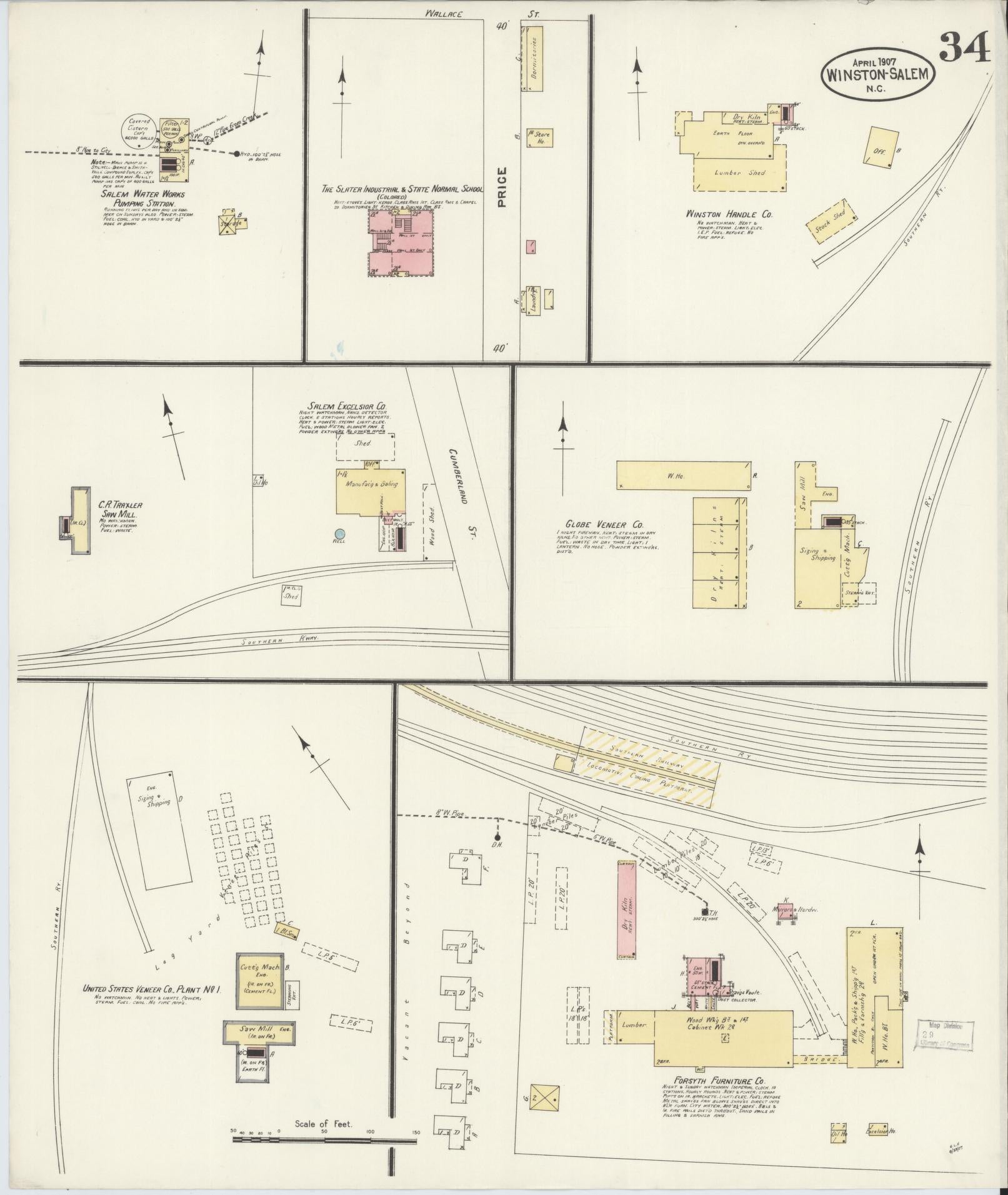 Sanborn Fire Insurance Map from Winston-Salem, Forsyth County, North Carolina (1907), Sheet #0034 - Complete Map Set gallery image, historic Sanborn map, vintage wall art, North Carolina North Carolina