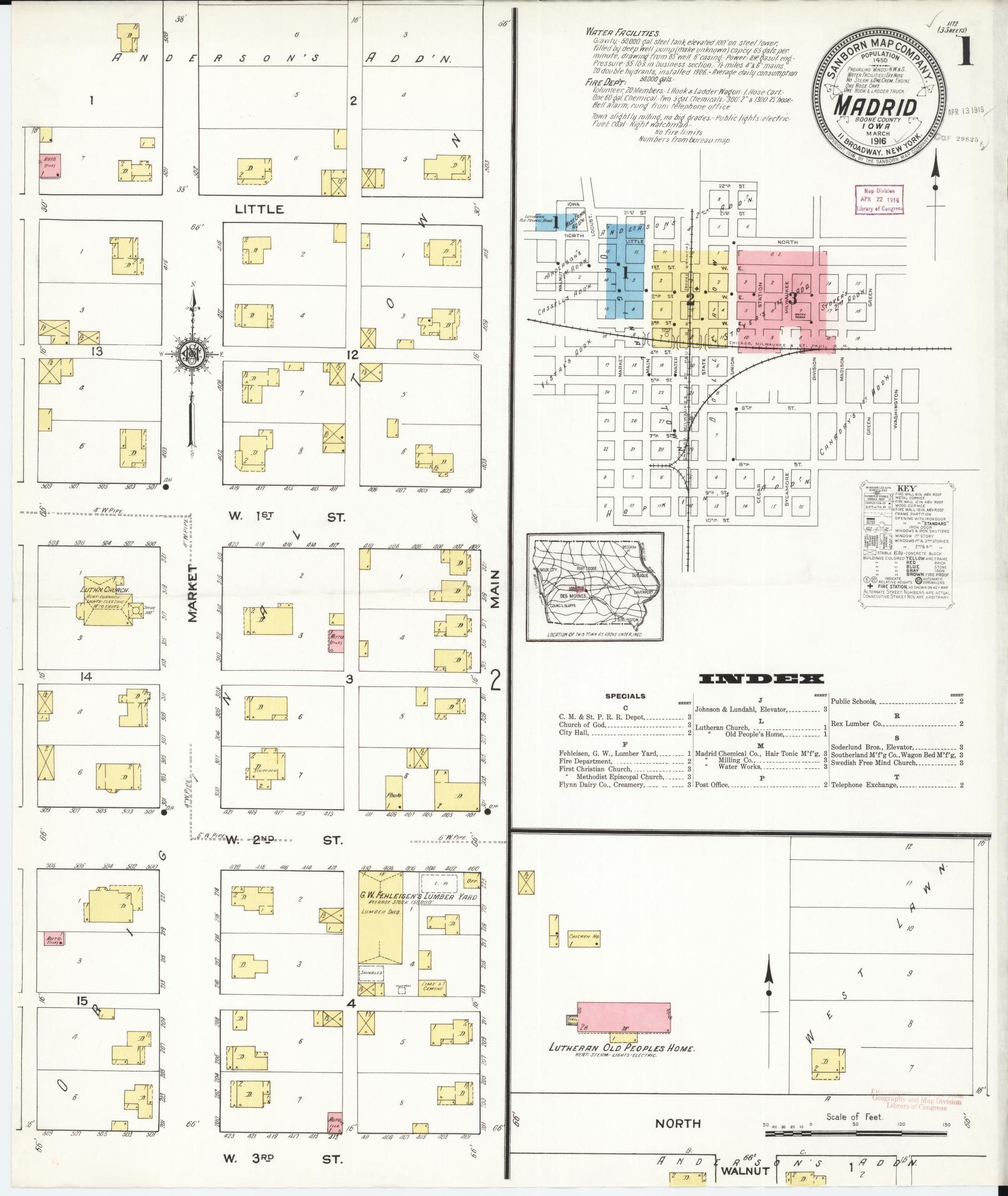 Sanborn Fire Insurance Map from Madrid, Boone County, Iowa (1916), Sheet #0001 - Historic Sanborn Fire Insurance Map Print