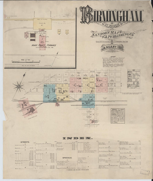 Sanborn Fire Insurance Map from Birmingham, Jefferson County, Alabama (1885), Sheet #0001 - Historic Sanborn Fire Insurance Map Print, vintage old map wall art, antique decor, genealogy gift, Alabama Alabama map