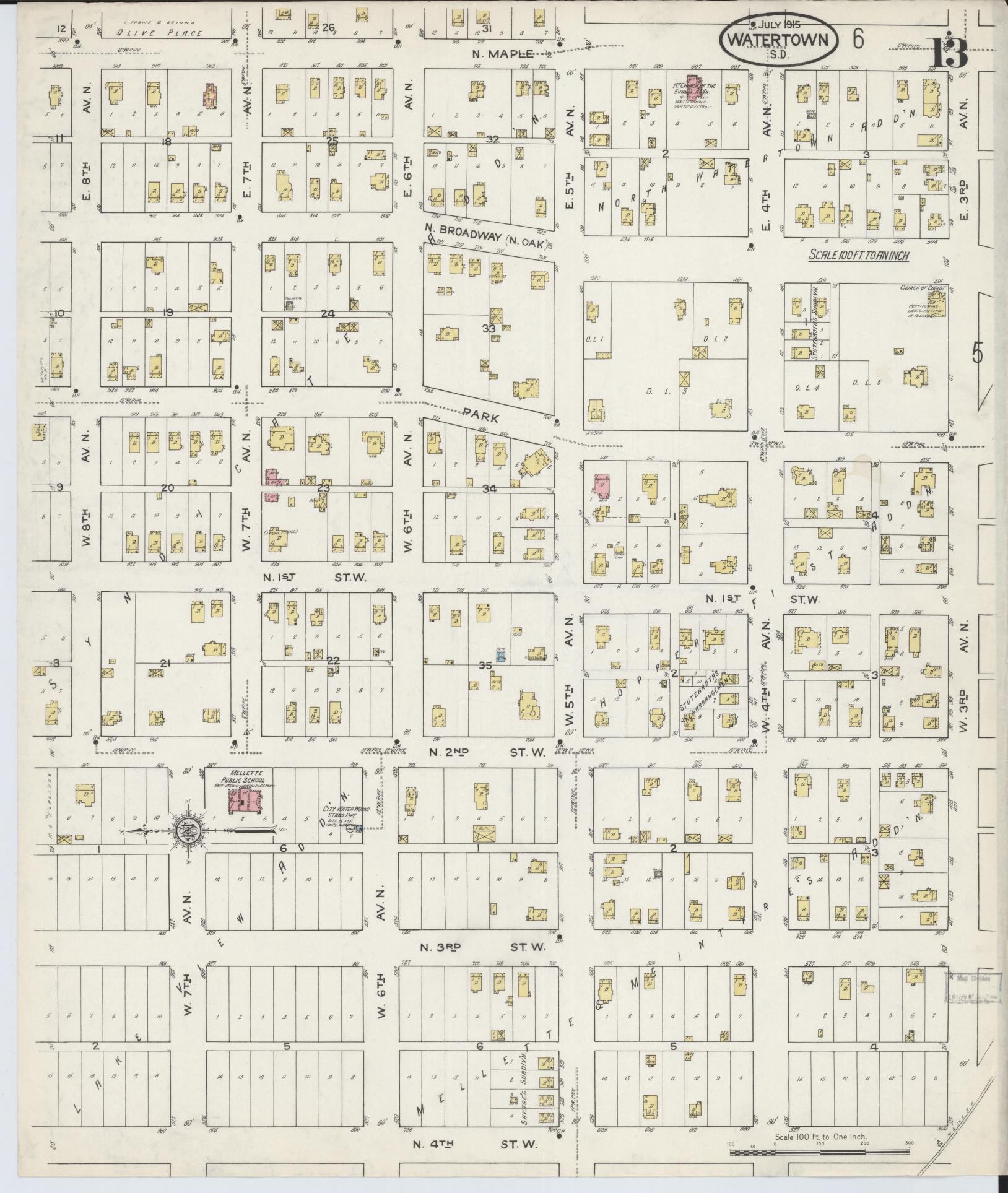 Sanborn Fire Insurance Map from Watertown, Codington County, South Dakota (1915), Sheet #0013 - Historic Sanborn Fire Insurance Map Print, vintage old map wall art, antique decor, genealogy gift, South Dakota South Dakota map