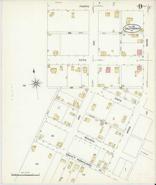 Sanborn Fire Insurance Map from California, Washington County, Pennsylvania (1907), Sheet #0009 - Historic Sanborn Fire Insurance Map Print, vintage old map wall art, antique decor, genealogy gift, Pennsylvania Pennsylvania map