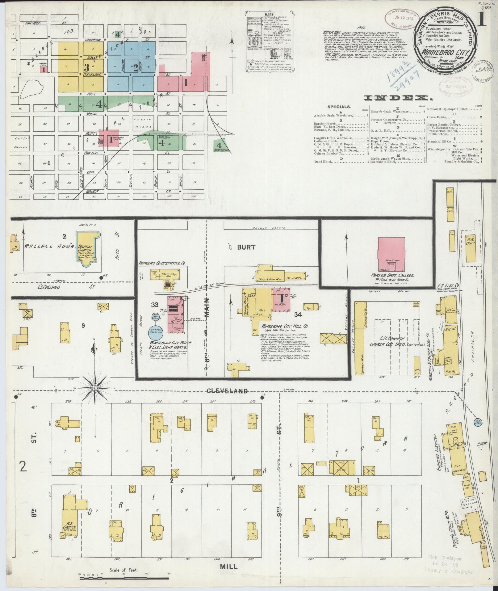 Sanborn Fire Insurance Map from Winnebago, Faribault County, Minnesota (1899), Sheet #0001 - Historic Sanborn Fire Insurance Map Print, vintage old map wall art, antique decor, genealogy gift, Minnesota Minnesota map