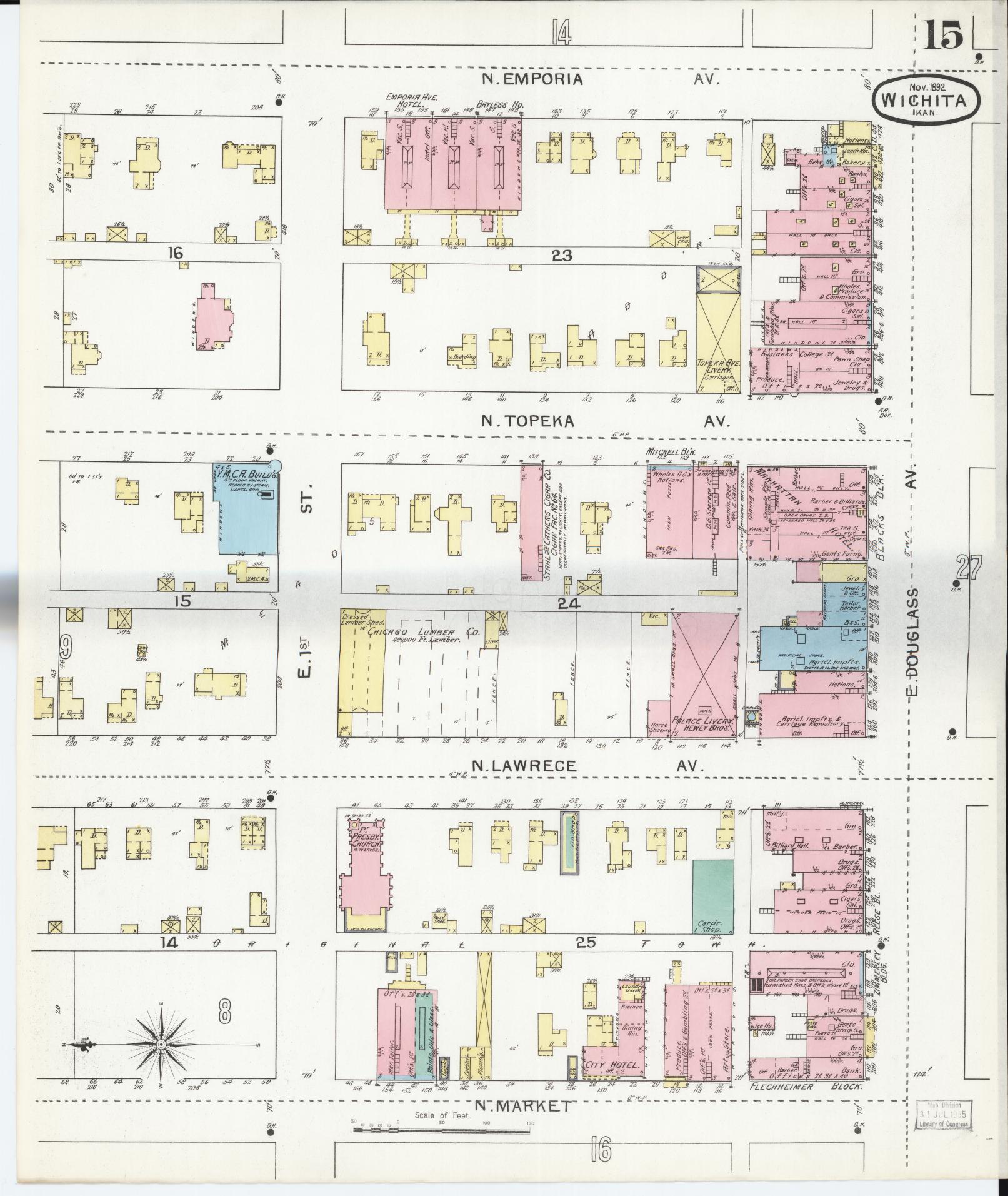 Sanborn Fire Insurance Map from Wichita, Sedgwick County, Kansas (1892), Sheet #0015 - Historic Sanborn Fire Insurance Map Print, vintage old map wall art, antique decor, genealogy gift, Kansas Kansas map