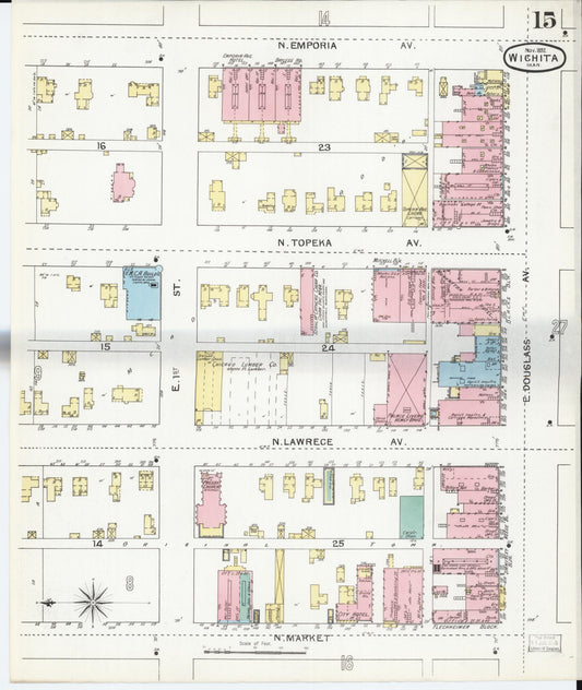Sanborn Fire Insurance Map from Wichita, Sedgwick County, Kansas (1892), Sheet #0015 - Historic Sanborn Fire Insurance Map Print, vintage old map wall art, antique decor, genealogy gift, Kansas Kansas map