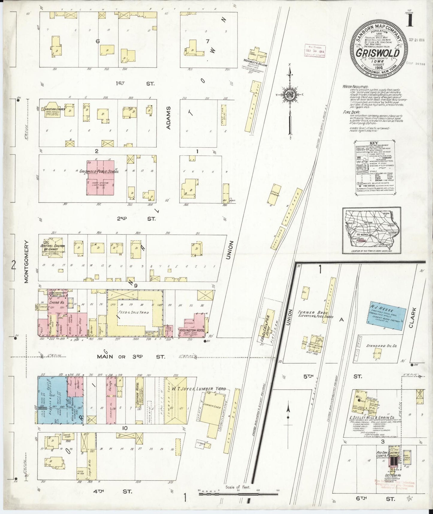 Sanborn Fire Insurance Map from Griswold, Cass County, Iowa (1914), Sheet #0001 - Historic Sanborn Fire Insurance Map Print, vintage old map wall art
