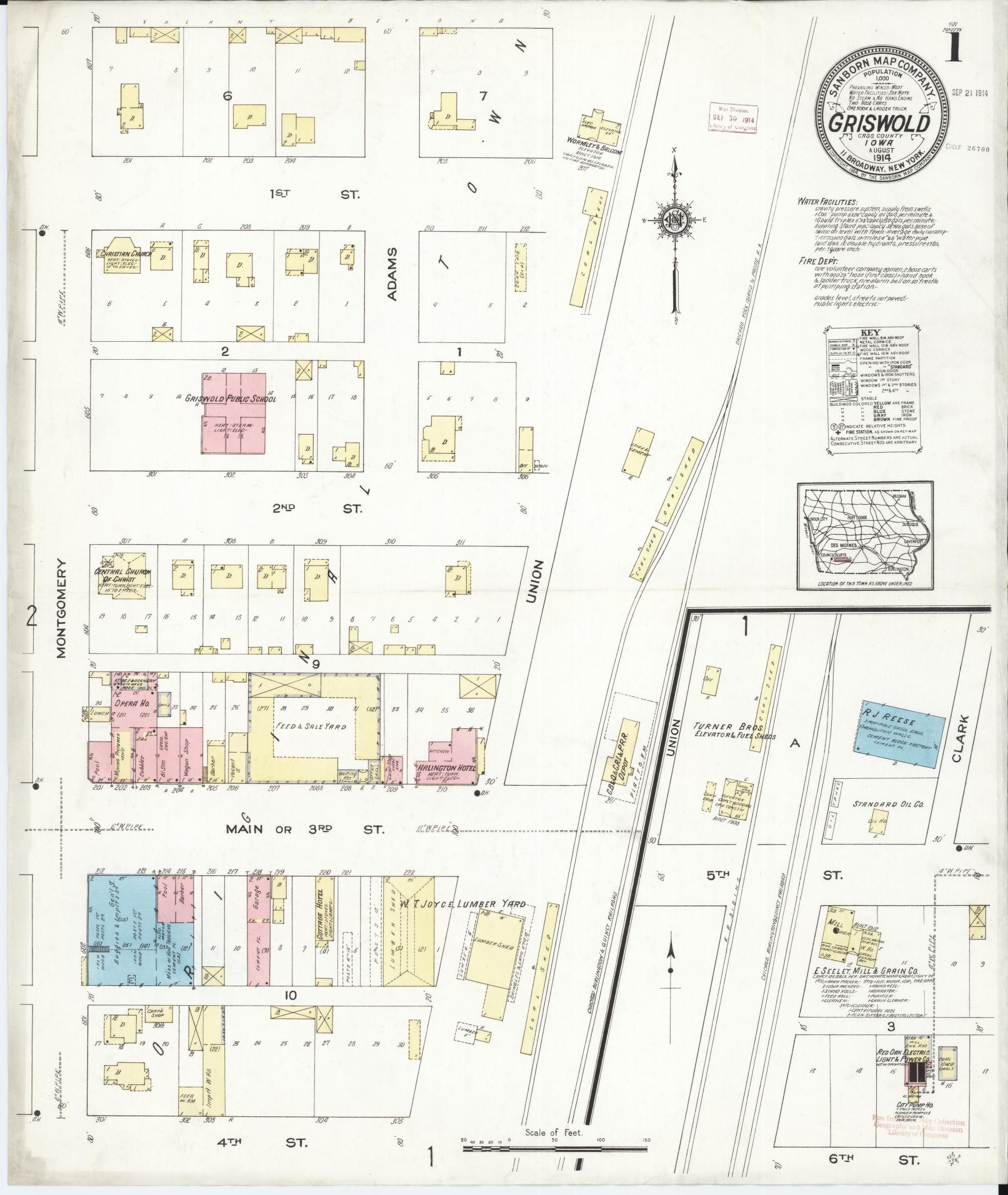 Sanborn Fire Insurance Map from Griswold, Cass County, Iowa (1914), Sheet #0001 - Historic Sanborn Fire Insurance Map Print, vintage old map wall art