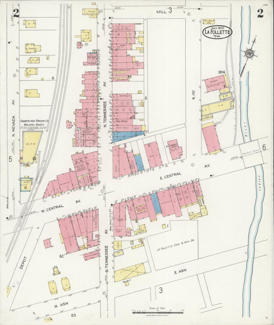 Sanborn Fire Insurance Map from La Follette, Campbell County, Tennessee (1925), Sheet #0002 - Historic Sanborn Fire Insurance Map Print, vintage old map wall art, antique decor, genealogy gift, Tennessee Tennessee map